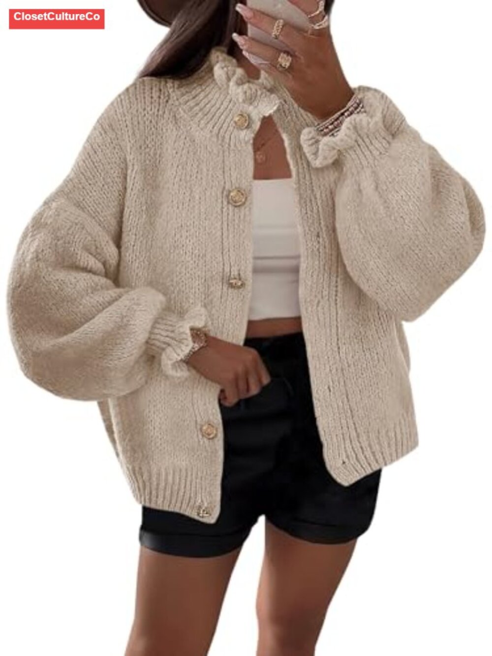 Oversized Ruffle Cardigan Button Up Ribbed Knit Open Front Long Sleeve Sweater